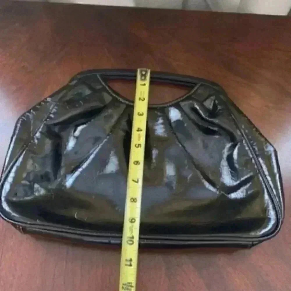 Vintage Black Patent Clutch Handbag Faux Leather Top Handle Bag Purse - Picture 9 of 12